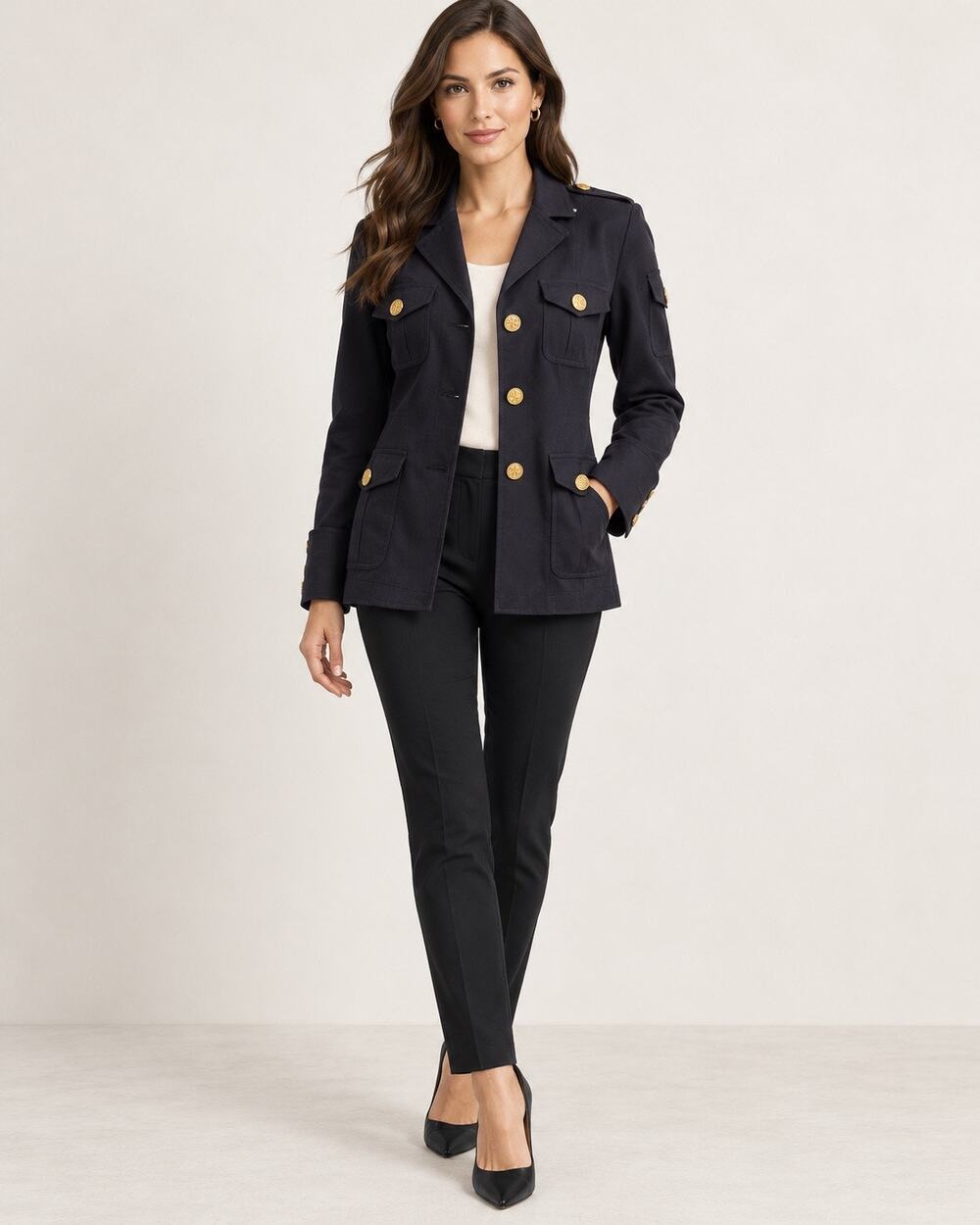 Tory Burch Navy Military Utility Safari Jacket Gold Logo Buttons Size 12